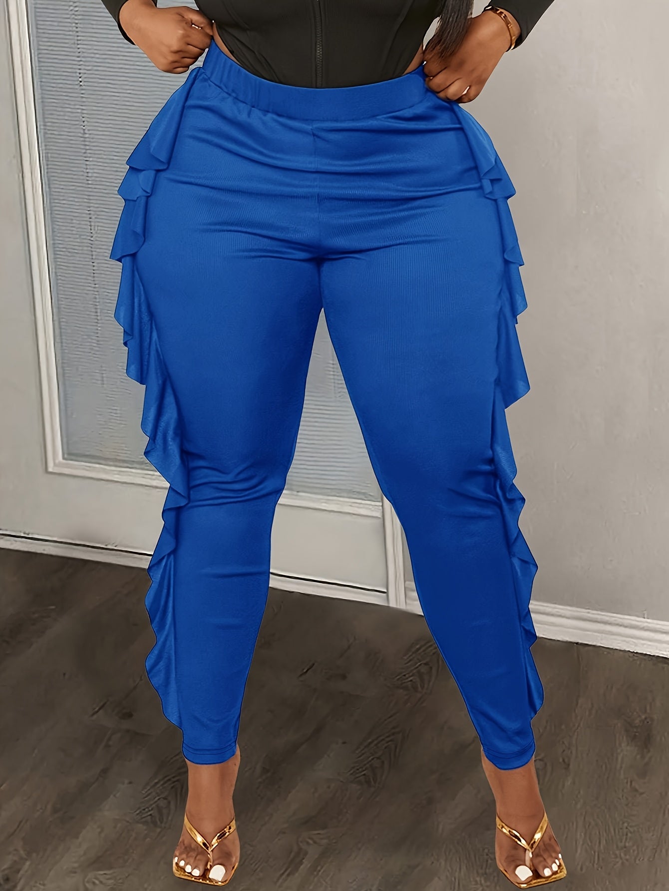 Slim-Fit Side Slit Ruffled Spliced Trousers