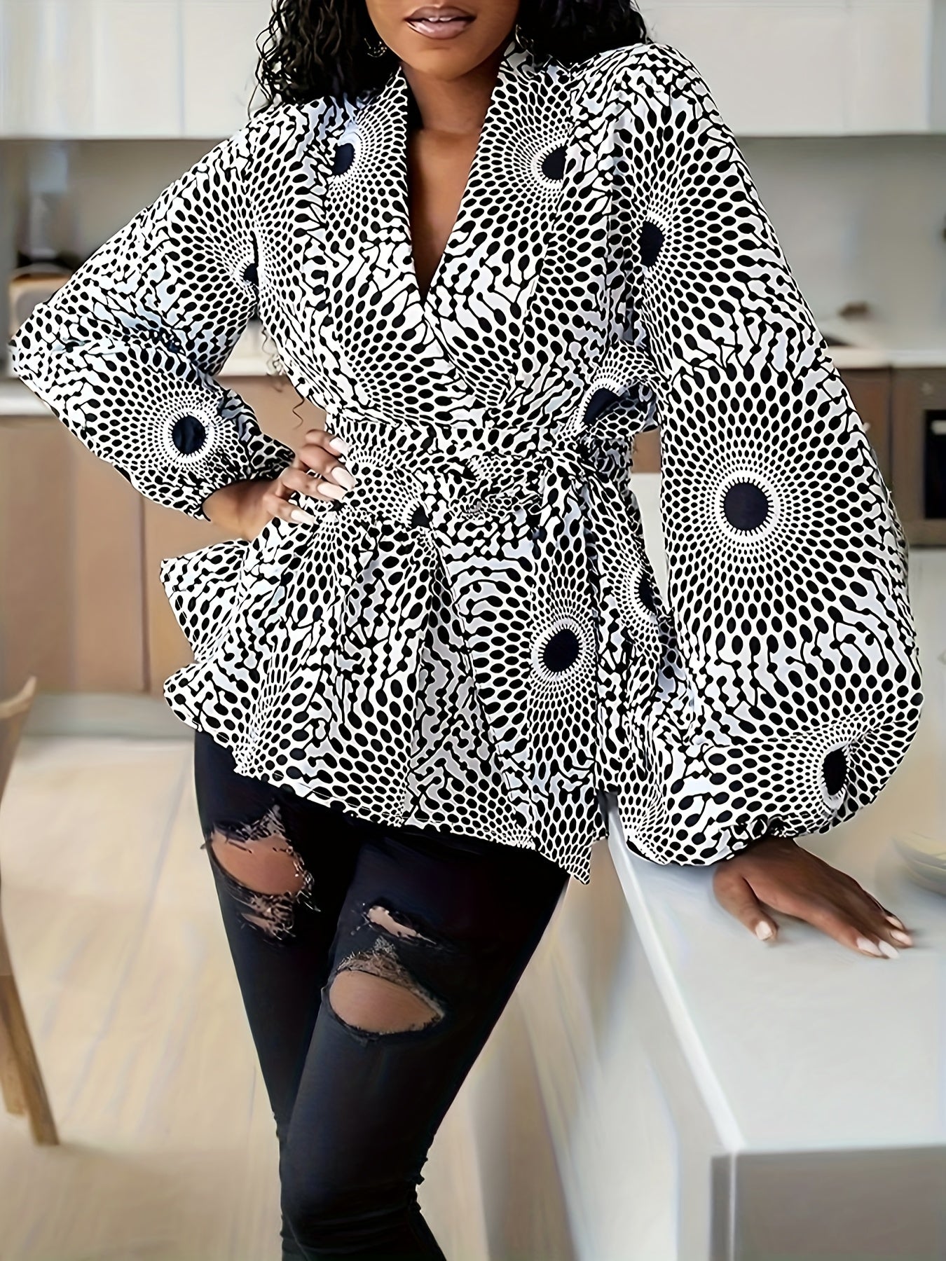 Women'S Casual Long-Sleeve Printed Shirt with Waist Tie