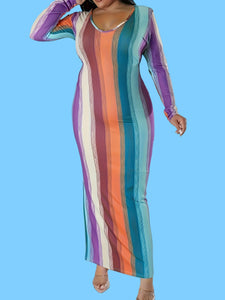 Elegant Striped V-Neck Long Sleeve Bodycon Dress for Women