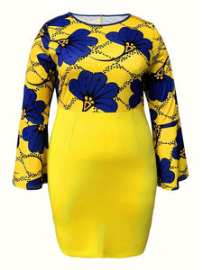 Floral Print Fashion Color Block Yellow Long Sleeve Elegant Dress