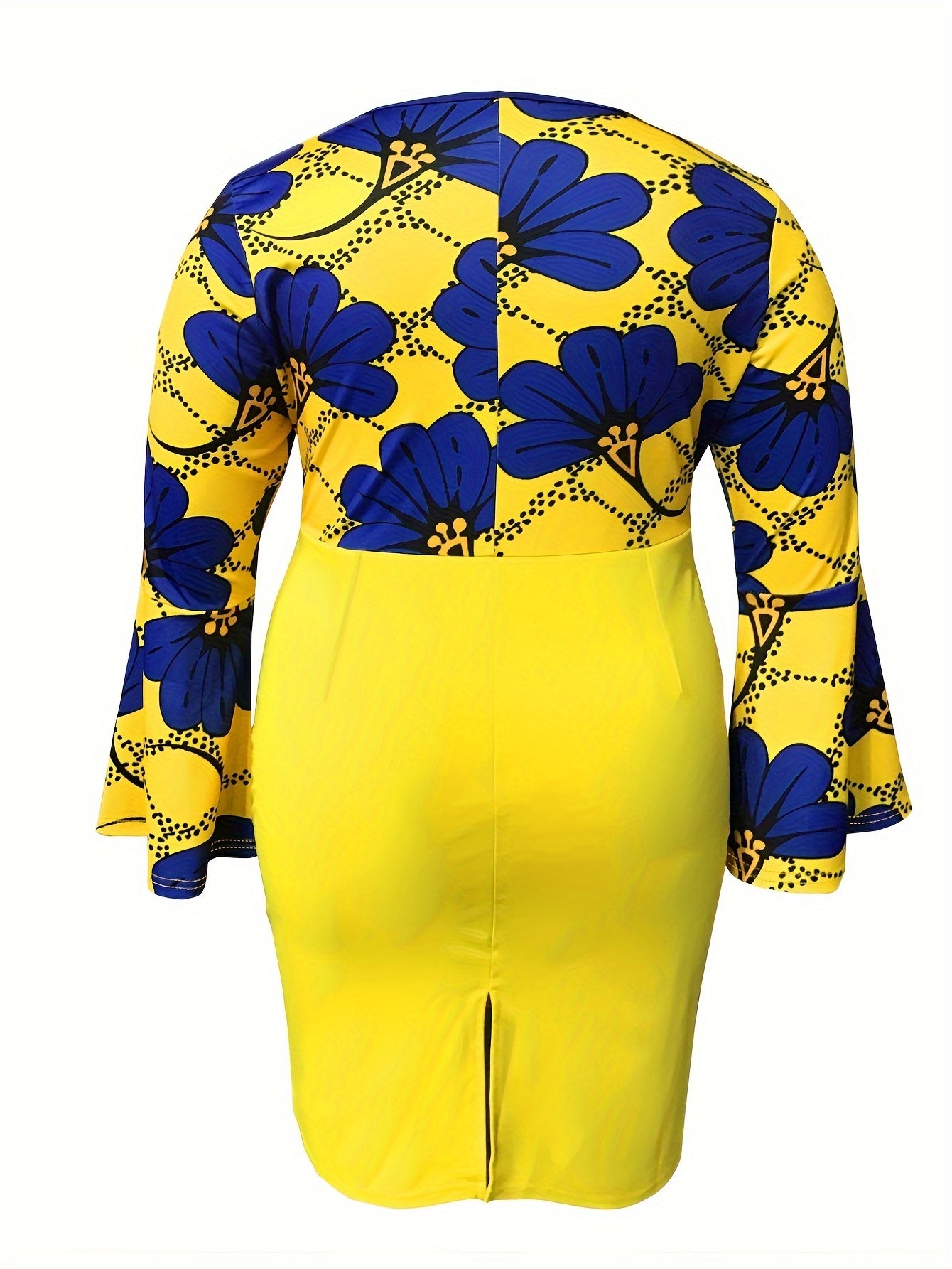Floral Print Fashion Color Block Yellow Long Sleeve Elegant Dress