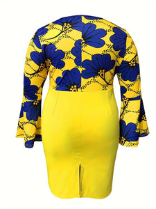 Floral Print Fashion Color Block Yellow Long Sleeve Elegant Dress