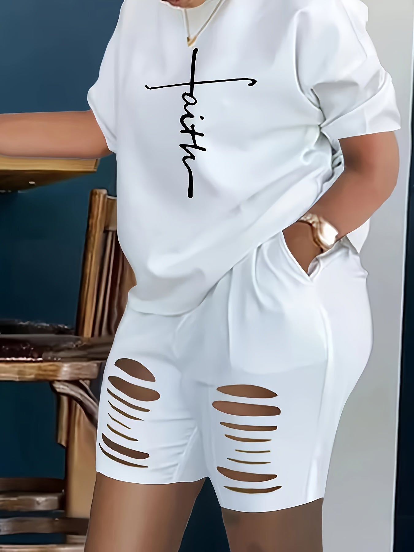 Faith Printed Fashion Hollow Casual Top and Shorts Set