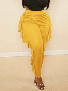 Slim-Fit Side Slit Ruffled Spliced Trousers