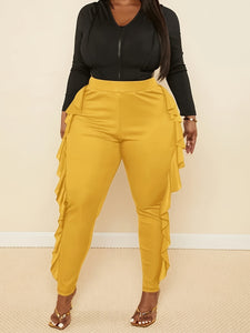 Slim-Fit Side Slit Ruffled Spliced Trousers