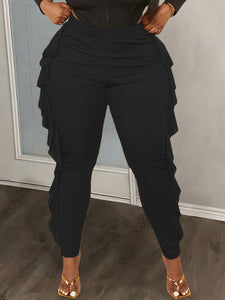 Slim-Fit Side Slit Ruffled Spliced Trousers