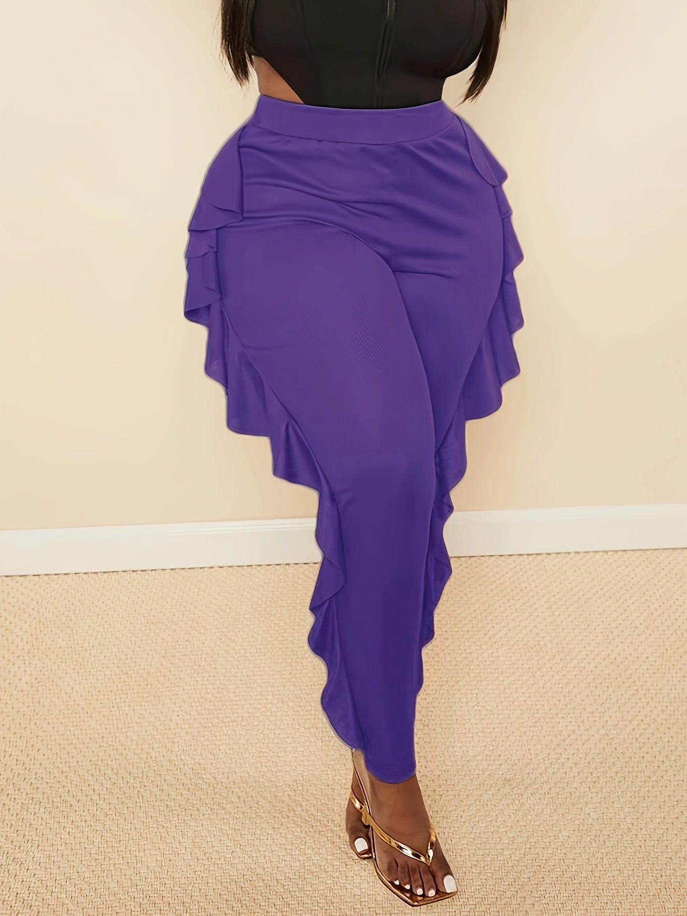 Slim-Fit Side Slit Ruffled Spliced Trousers