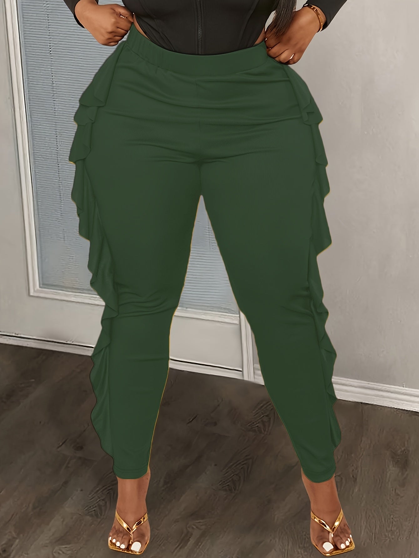 Slim-Fit Side Slit Ruffled Spliced Trousers