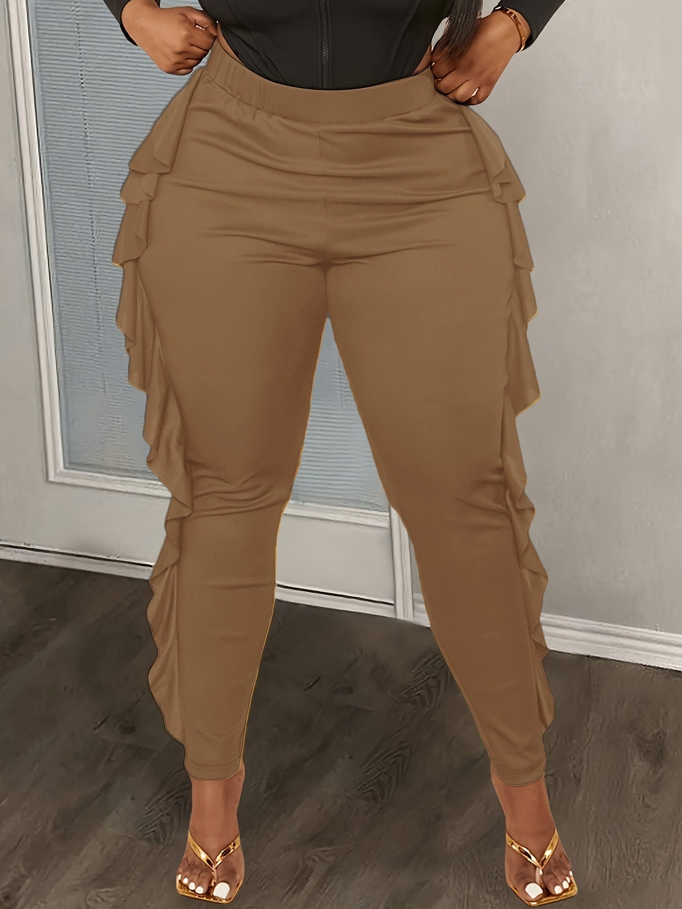 Slim-Fit Side Slit Ruffled Spliced Trousers