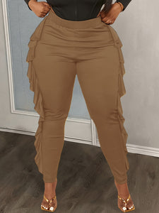 Slim-Fit Side Slit Ruffled Spliced Trousers